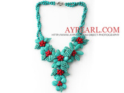 Green Turquoise And Red Coral Flower Party Necklace